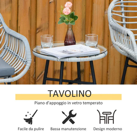 Set Mobili da Giardino in Rattan PE con 2 Sedie e Tavolino con Ripiano in Vetro, Grigio 863-085