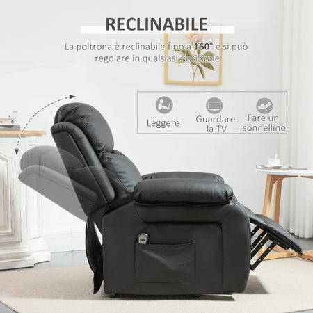 Poltrona Relax Elettrica e Alzapersona Reclinabile fino 160° con Telecomando, in Similpelle - Nero WE4713-092V90BKWE4