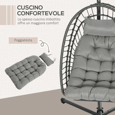 Poltrona Sospesa in Rattan PE con Cuscino, Seduta Pieghevole e Struttura in Acciaio, Grigio 867-157V00CG