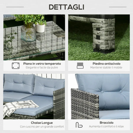 Salotto da Giardino con Divanetto, Chaise Longue e Tavolino in Rattan PE con Cuscini, Grigio 860-121V00GY