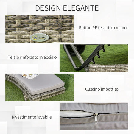 Sdraio da Giardino in Rattan PE con Schienale Regolabile e Cuscino, 207x70x70cm, Grigio 862-030GY