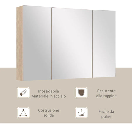 Armadietto Pensile da Bagno a Parete con Specchio a 3 Ante e Ripiani Regolabili in Legno 90x60x13.5cm BN3834-163BN3