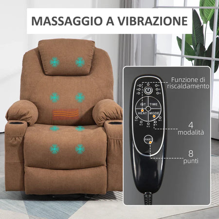 Poltrona Alzapersona Massaggiante a 8 Punti con Telecomando, in Tessuto Effetto Lino, 90x101x107 cm, Caffè KU7713-158V90CFKU7