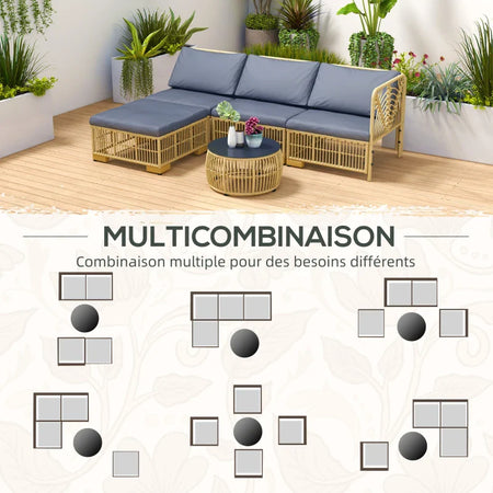 Set Salotto in Rattan da Giardino con Divano Modulabile, Cuscini e Tavolino da Caffè, Grigio 860-325V00GY