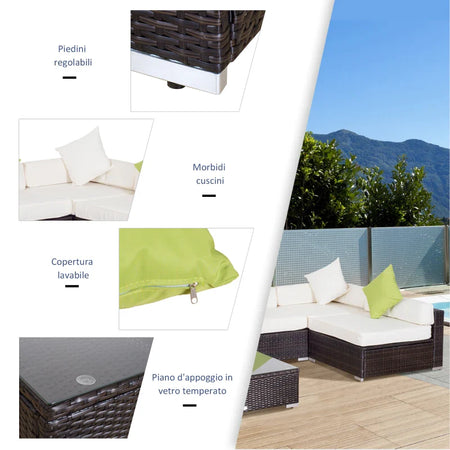 Mobili da Giardino in Rattan PE con Divano Angolare e Pouf con Cuscini telaio Set da 18 Pezzi, Marrone  100110-027BN