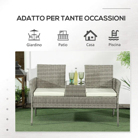 Divanetto per Esterni 2 Posti con Tavolino da Caffè, in Acciaio e Rattan PE, 137x59x82 cm, Grigio e Crema 867-181V00GG
