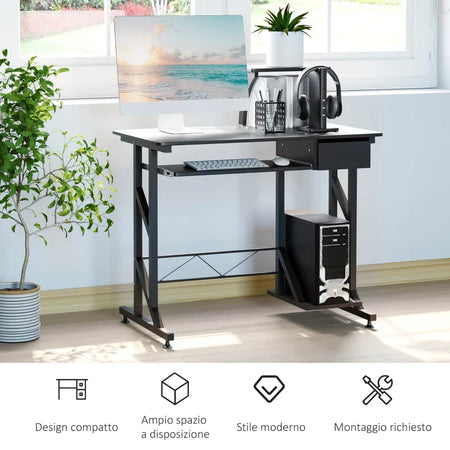 Scrivania per Computer Salvaspazio in Acciaio e Legno, Scrivania da Ufficio con Cassetto, Ripiano Tastiera Estraibile 90 x 50 x 95cm YG8920-018BKYG8