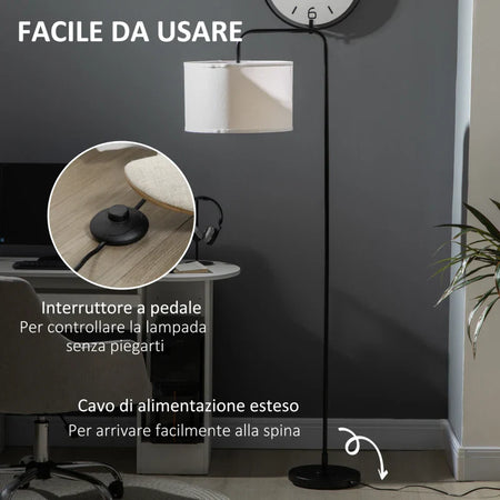 Lampada da Terra Moderna in Acciaio con Paralume in Tessuto Effetto Lino, 64x38x163.5 cm, Bianca e Nera TG5B31-329TG5