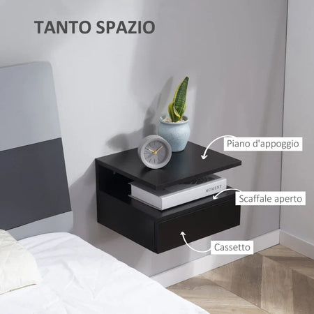 Set da 2 Comodini Sospesi per Camera da Letto con Cassetto e Mensola Superiore in Legno 35x32x22.5cm MN4831-338BKMN4