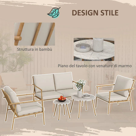 Salotto da Giardino con Divano, 2 Poltroncine e 2 Tavolini Effetto Bambù con Cuscini, Marrone 84G-272V00BN