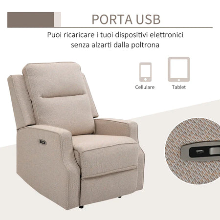 Poltrona Relax Elettrica, Poltrona Reclinabile 150° Moderna con USB per Soggiorno Camera da Letto, Beige, 84x92x104cm GH1833-987V90GH1