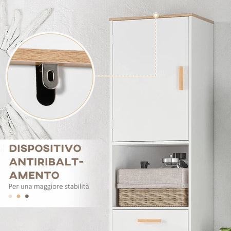 Mobile Salvaspazio Bagno in Legno Bianco, Mobile a Colonna con Armadietti e Cassetto 39x30x180cm QA2834-312QA2