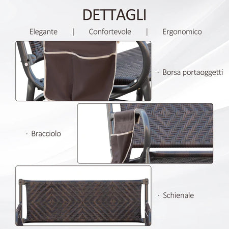 Panchina a Dondolo da Giardino 2 Posti in Rattan e Acciaio con Tasche Laterali, 122x75x88cm Marrone e Nero 867-076