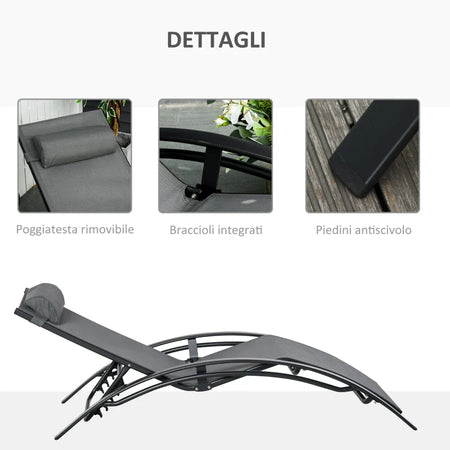 Sdraio da Giardino Reclinabile su 5 Livelli con Cuscino Rimovibile, Alluminio e Texteline, 171x64x82cm Grigio 84B-179V01CG