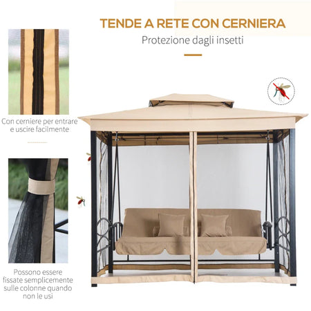 Dondolo da Giardino 3 Posti Lettino e Gazebo Design 3 in 1 con Tettuccio, 256x172x248cm, Beige 84A-056