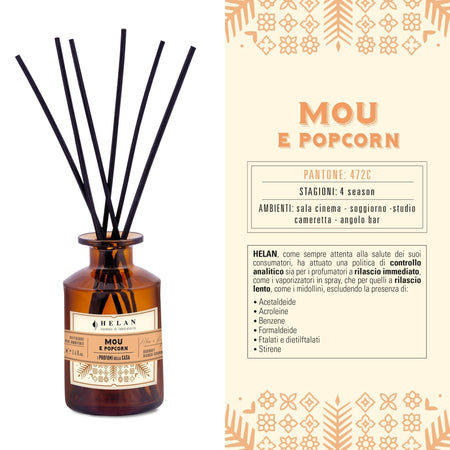 Helan Mou e Popcorn - Profumatore per Ambienti, Profumo Ambiente con Bastoncini per Diffusori con Latte Condensato, Mandorla, Pesca, Idee Regalo Deodorante e Profumatori Ambiente 100 ml, Made in Italy - Naturopatica shop & therapy