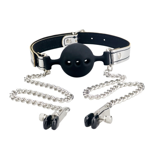 Pinzette per capezzoli con catene al morso bavaglio con gag nero e argento