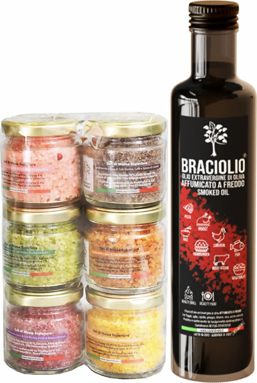 6x sali aromatizzati 80g + olio affumicato a freddo 250cc - set regalo natalizio