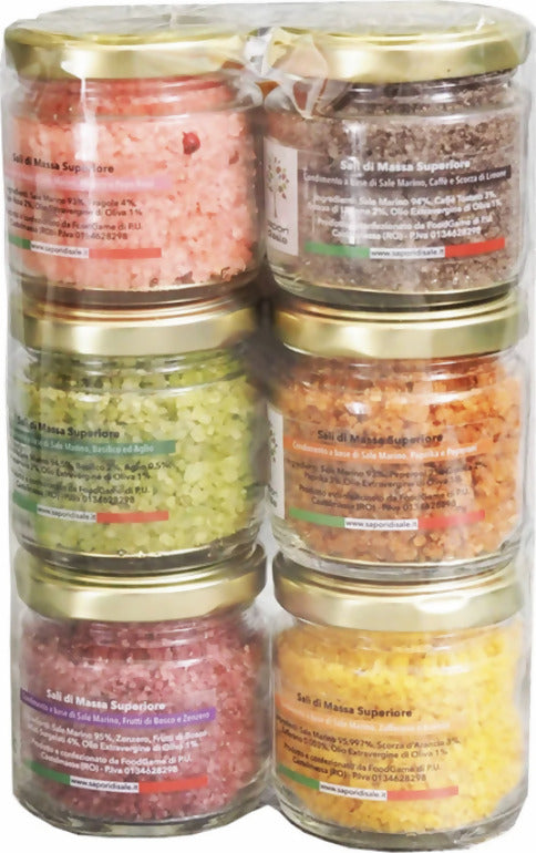 6x sali aromatizzati 80g con decoro natale zafferano e arancia, caffè e scorza di limone, basilico e aglio, paprika e cipolla di tropea, fragole e pepe rosa, frutti di bosco e zenzero
