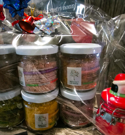 6x sali aromatizzati 80g con decoro natale zafferano e arancia, caffè e scorza di limone, basilico e aglio, paprika e cipolla di tropea, fragole e pepe rosa, frutti di bosco e zenzero