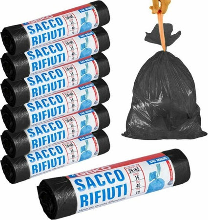 7-X-Rotoli-Sacchetti-Buste-Spazzatura-40lt-55x65cm-Chiusura-Laccetto-Nero-105pz