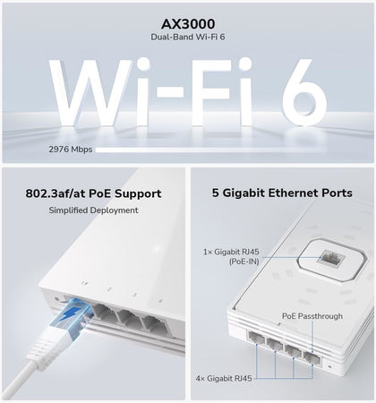 Punto di Accesso Wireless WiFi 6 Gigabit Dual Band AX3000 Poe con Supporto Mesh, a Muro, AP3000W