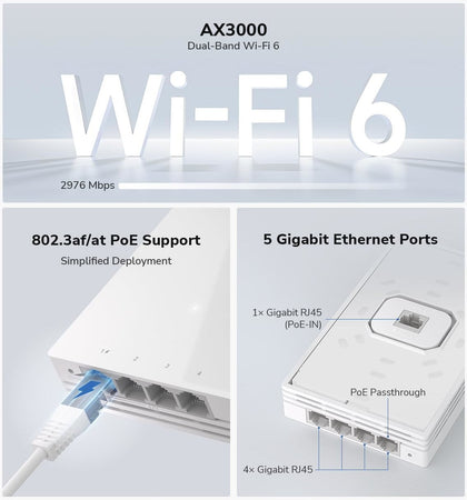 Punto di Accesso Wireless WiFi 6 Gigabit Dual Band AX3000 Poe con Supporto Mesh, a Muro, AP3000W