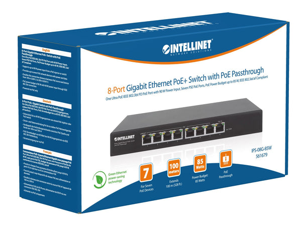 Switch PoE+ Gigabit Ethernet a 8 porte con passthrough PoE