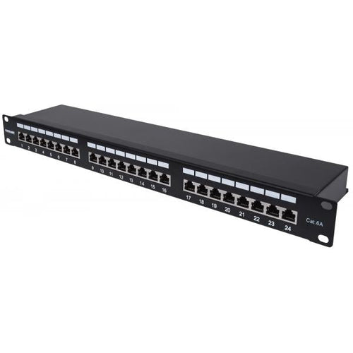 Intellinet 720854 1U (Patch Panel, Cat6A, Ftp, - 24-Port, 1U, Shielded, 90? - Top-Entry Punch Down Blocks, Black - Warranty: 12M)