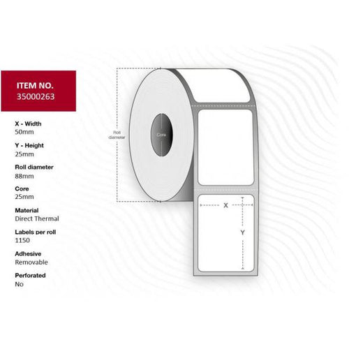 Capture 35000263 etichetta per stampante Bianco (Label 50x25 - Core 25. - Diameter 88mm, White. - Premium. DT. Removable, No perforation. 1.150 labels per roll. 4 rolls per box.)