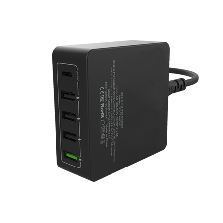 Caricabatteria da tavolo da 60W- 13.2A(2x3A- 3x2.4A) con 5 porte: 1xUSB-C PD- 3xUSB Smart- 1xQC3.0- Smart IC