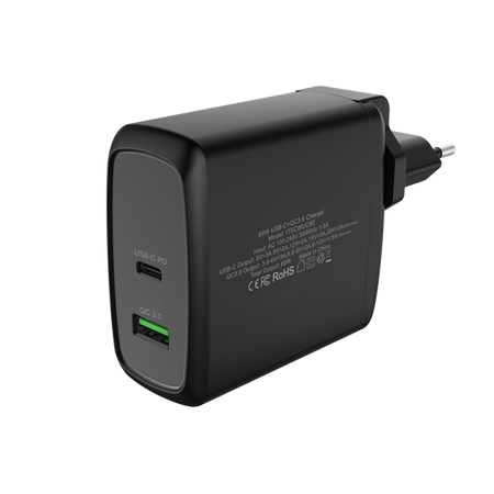 Caricabatteria da muro da 60W- 6A(2x3A) con 2 porte: 1xType-C PD- 1xQC3.0- Smart IC