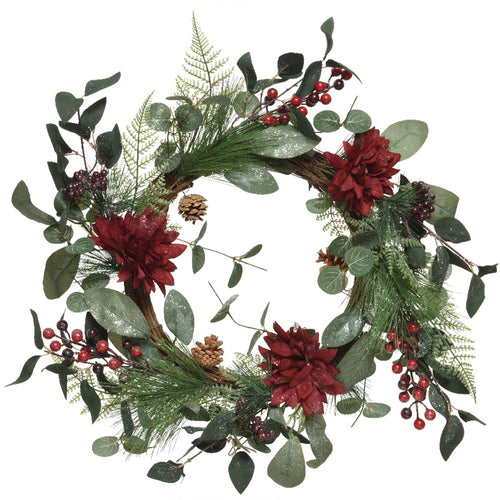 Ghirlanda tonda natalizia con fiori color Rosso, dietro porta da 40 cm