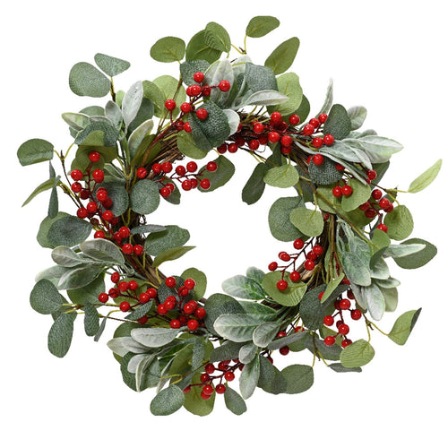 Ghirlanda tonda natalizia con bacche rosse dietro porta 50 cm