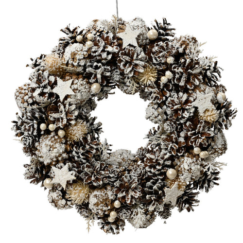 Ghirlanda tonda natalizia con pigne innevate dietro porta 34 cm