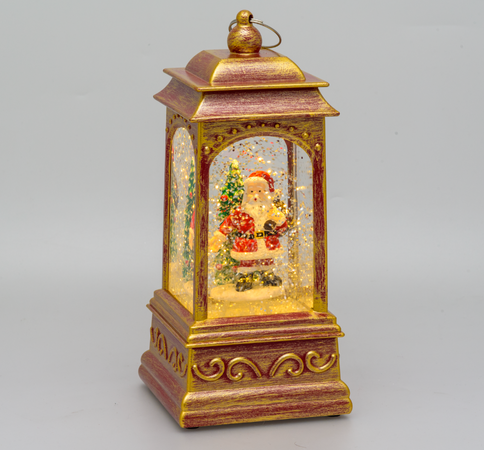 Lanterna natalizia a batteria rosso antico con nevicata glitter h 20 cm