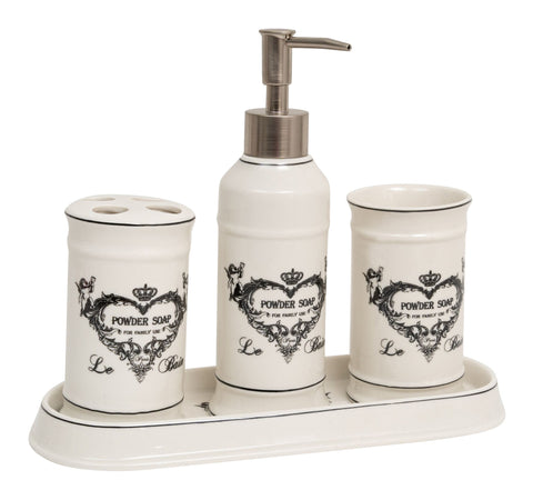 Biscottini Set bagno "Powder Soap" 4 pezzi in porcellana bianca decorata L25xPR10xH21 cm