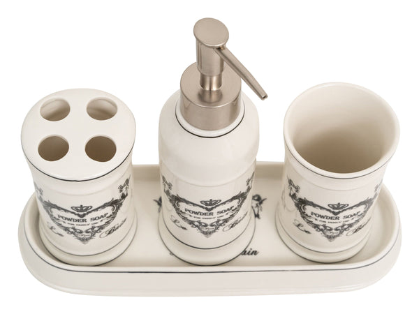 Biscottini Set bagno "Powder Soap" 4 pezzi in porcellana bianca decorata L25xPR10xH21 cm