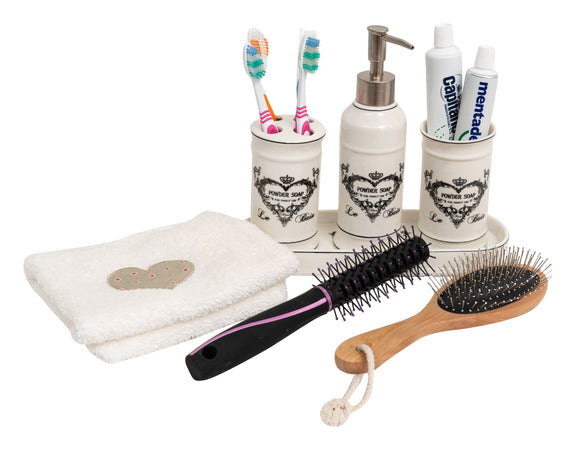Biscottini Set bagno "Powder Soap" 4 pezzi in porcellana bianca decorata L25xPR10xH21 cm