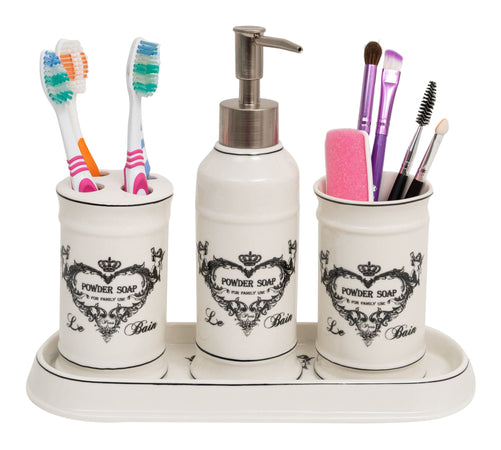 Biscottini Set bagno "Powder Soap" 4 pezzi in porcellana bianca decorata L25xPR10xH21 cm