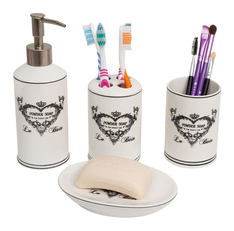 Biscottini Set bagno "Powder Soap" 4 pezzi in porcellana bianca decorata fine composto