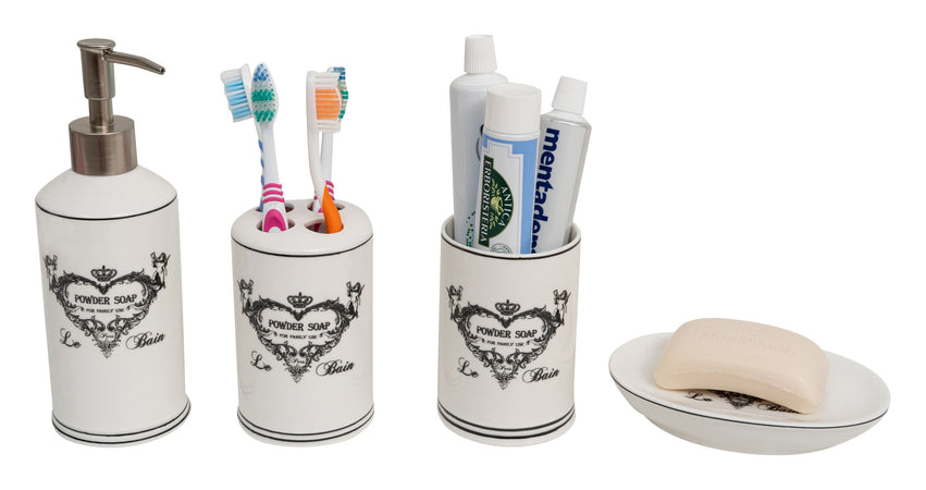 Biscottini Set bagno "Powder Soap" 4 pezzi in porcellana bianca decorata fine composto