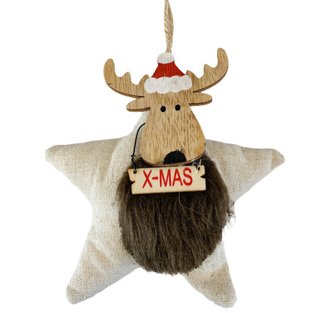 Pendaglio Rosso stella con renna in stoffa h 12 cm, pallina per Albero di Natale addobbi natalizi