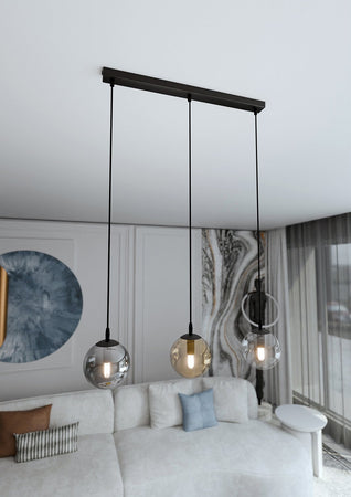 Sospensione Moderna 3 Luci Cosmo In Acciaio Nero E Sfere In Vetro Multicolor