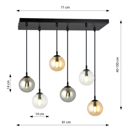 Sospensione Moderna 6 Luci Cosmo In Acciaio Nero E Sfere In Vetro Multicolor