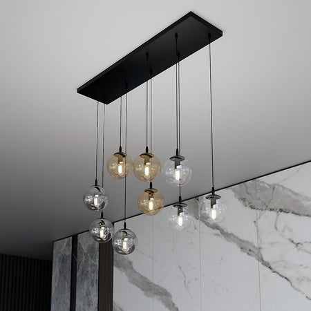 Sospensione Moderna 9 Luci Cosmo In Acciaio Nero E Sfere In Vetro Multicolor