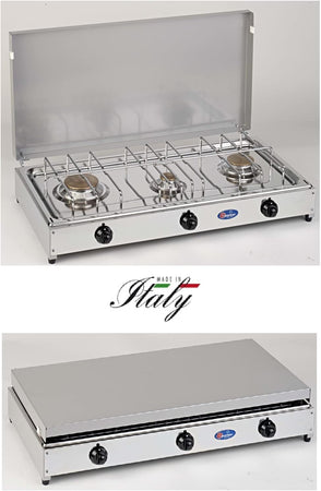CFParker Fornello a Gas 3 Fuochi Gpl / Metano con Piano in Acciaio Inox e Valvola di Sicurezza mod. 5523RSG