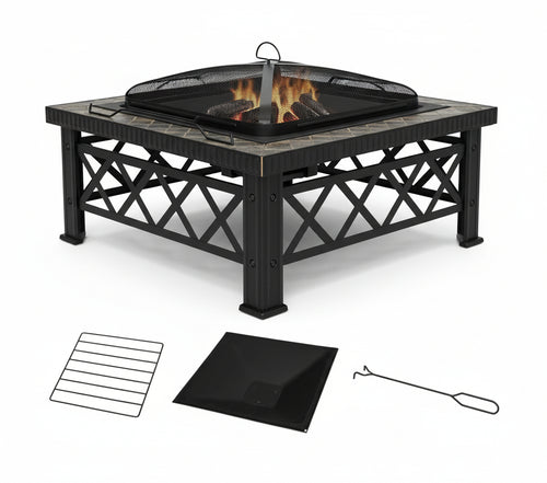 Outsunny 3-in-1 Fire Bowl Fire Basket Fire Pit with Spark Protection Grill Grate Ice Bucket Garden BBQ Black 76 x 76 x 47 cm