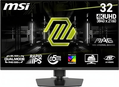 MSI, MAG 322URDF E16, 32 Inches, 4K UHD, 3840 x 2160, Gaming Monitor, Rapid IPS, 0.5ms, DisplayHDR 400, Eye Care, AI Vision, Dual Mode, HDMI 2.1, DP 1.4a, Tilt / Height Adjustable, Black