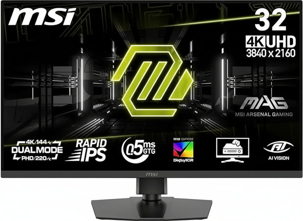 MSI, MAG 322URDF E16, 32 Inches, 4K UHD, 3840 x 2160, Gaming Monitor, Rapid IPS, 0.5ms, DisplayHDR 400, Eye Care, AI Vision, Dual Mode, HDMI 2.1, DP 1.4a, Tilt / Height Adjustable, Black